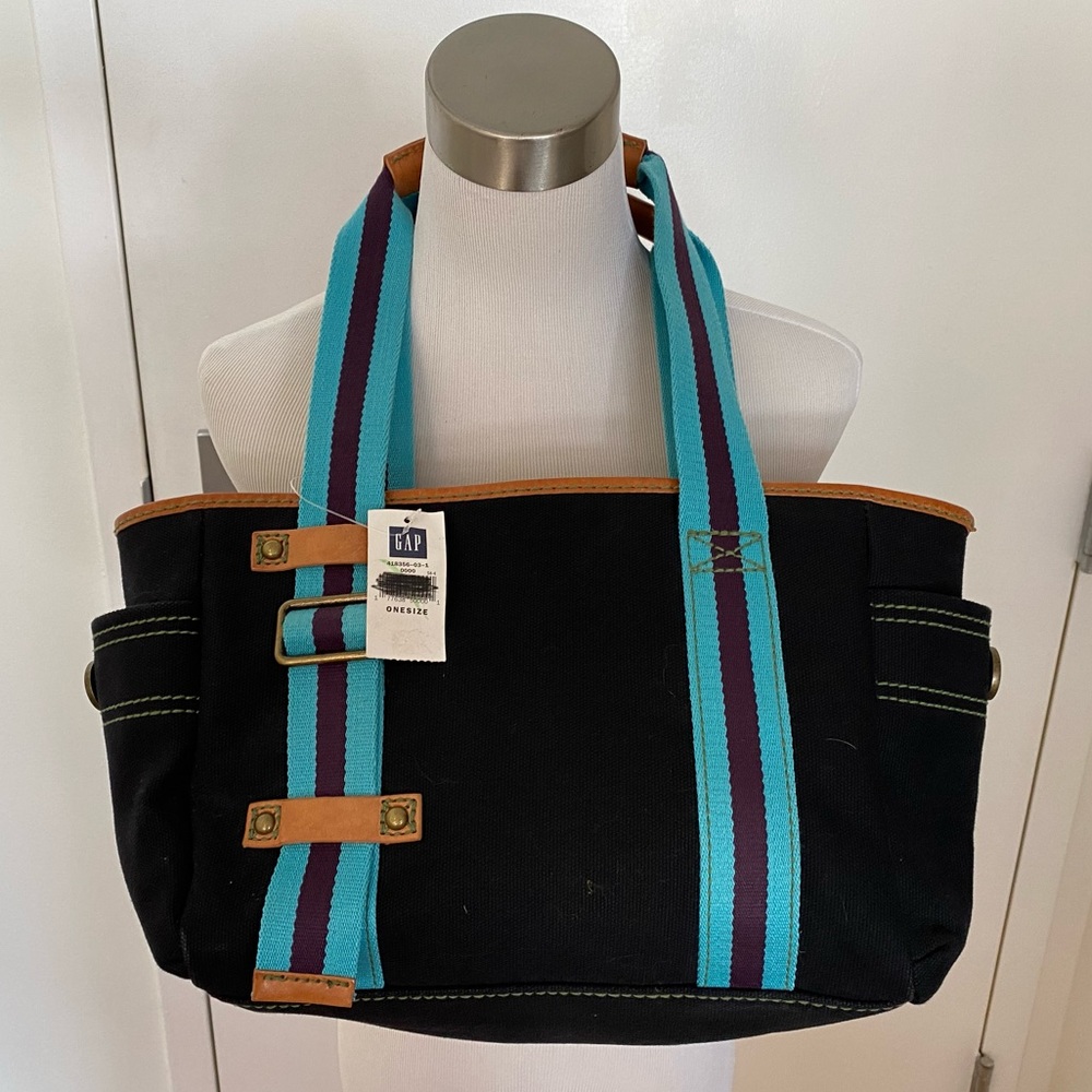 GAP Navy Canvas Leather Trim Striped Handle Tote NWT